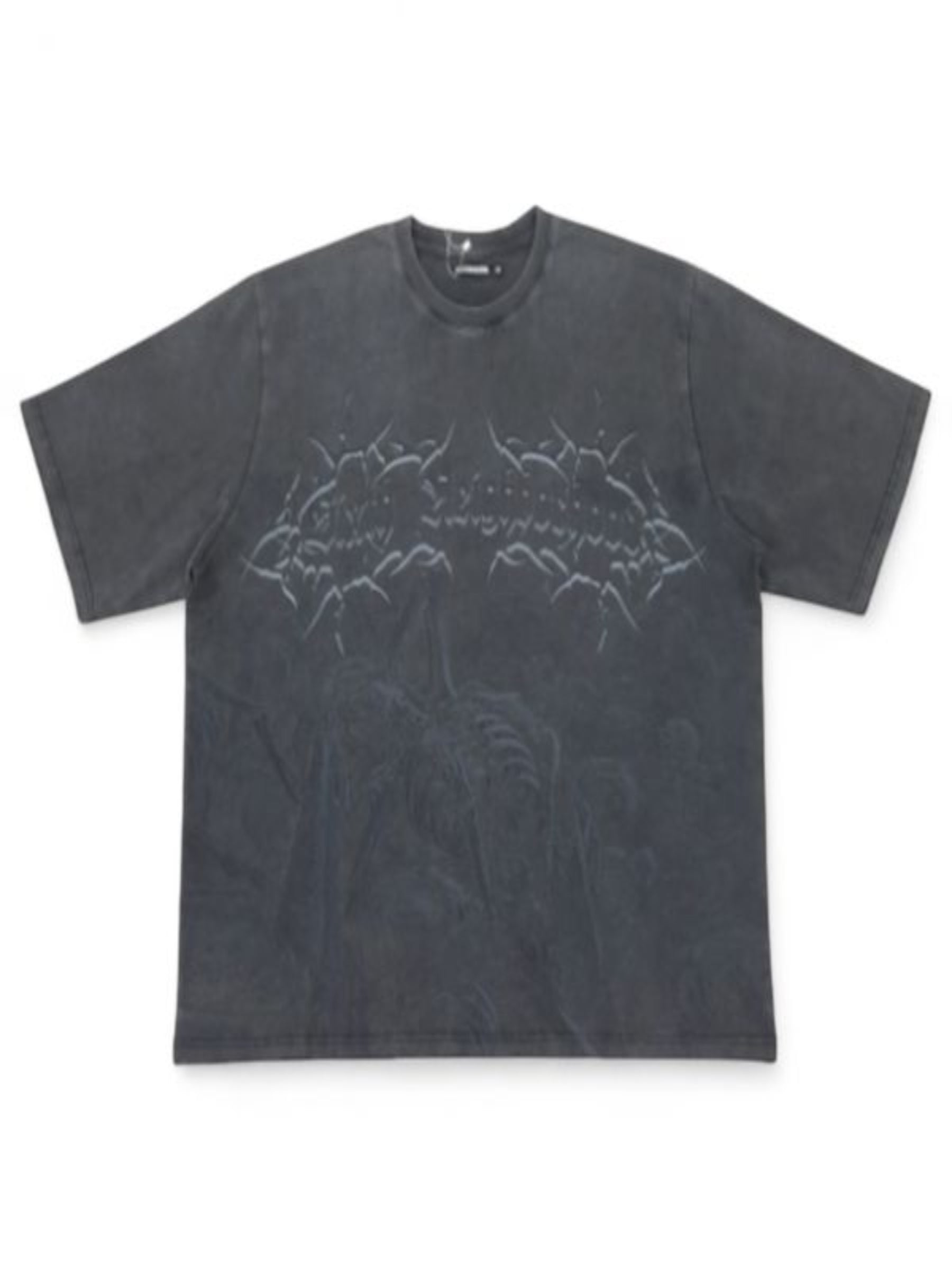 Black t-shirt with a bat design on a white background