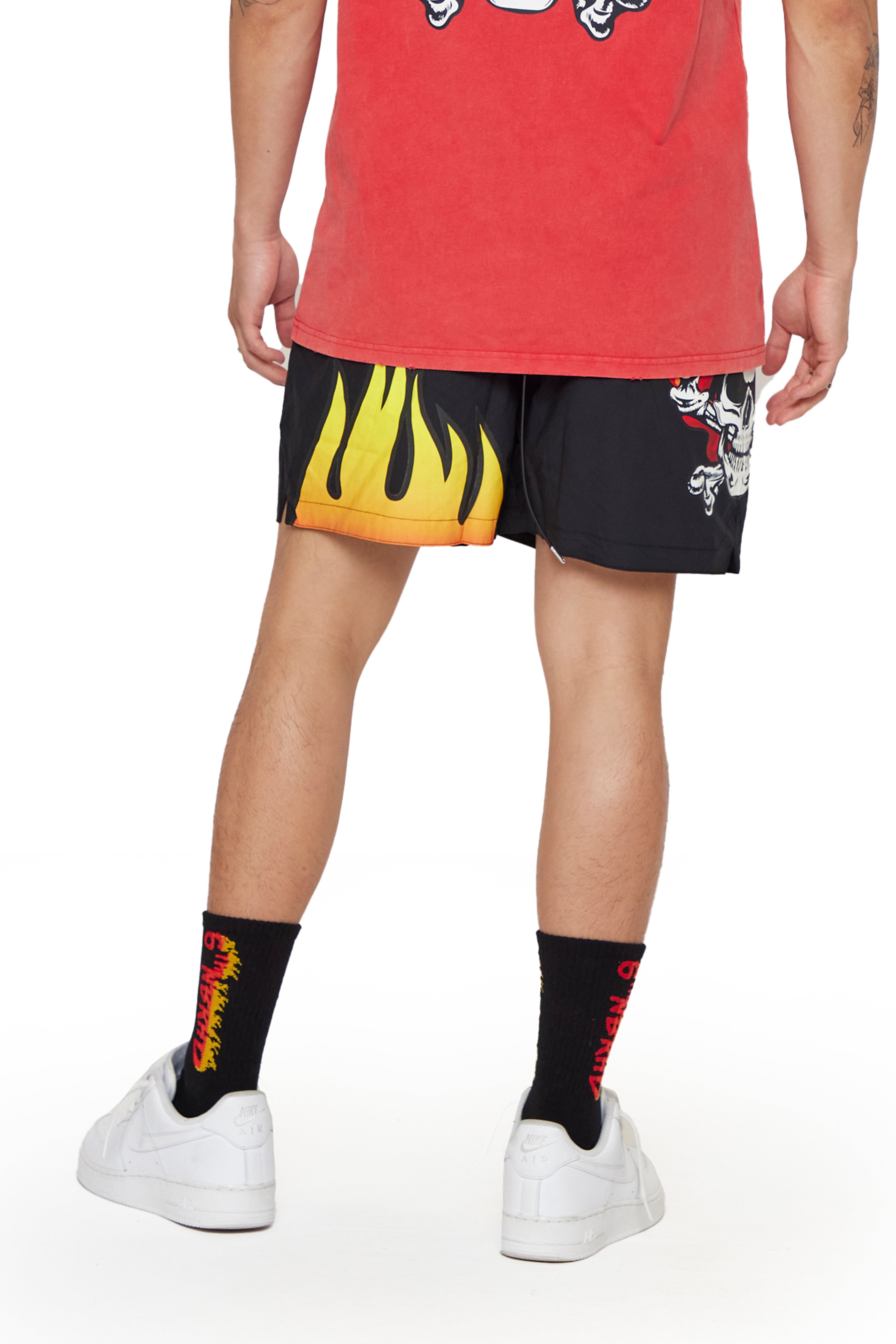 "Skull Flame" Graphic Swim Shorts Black