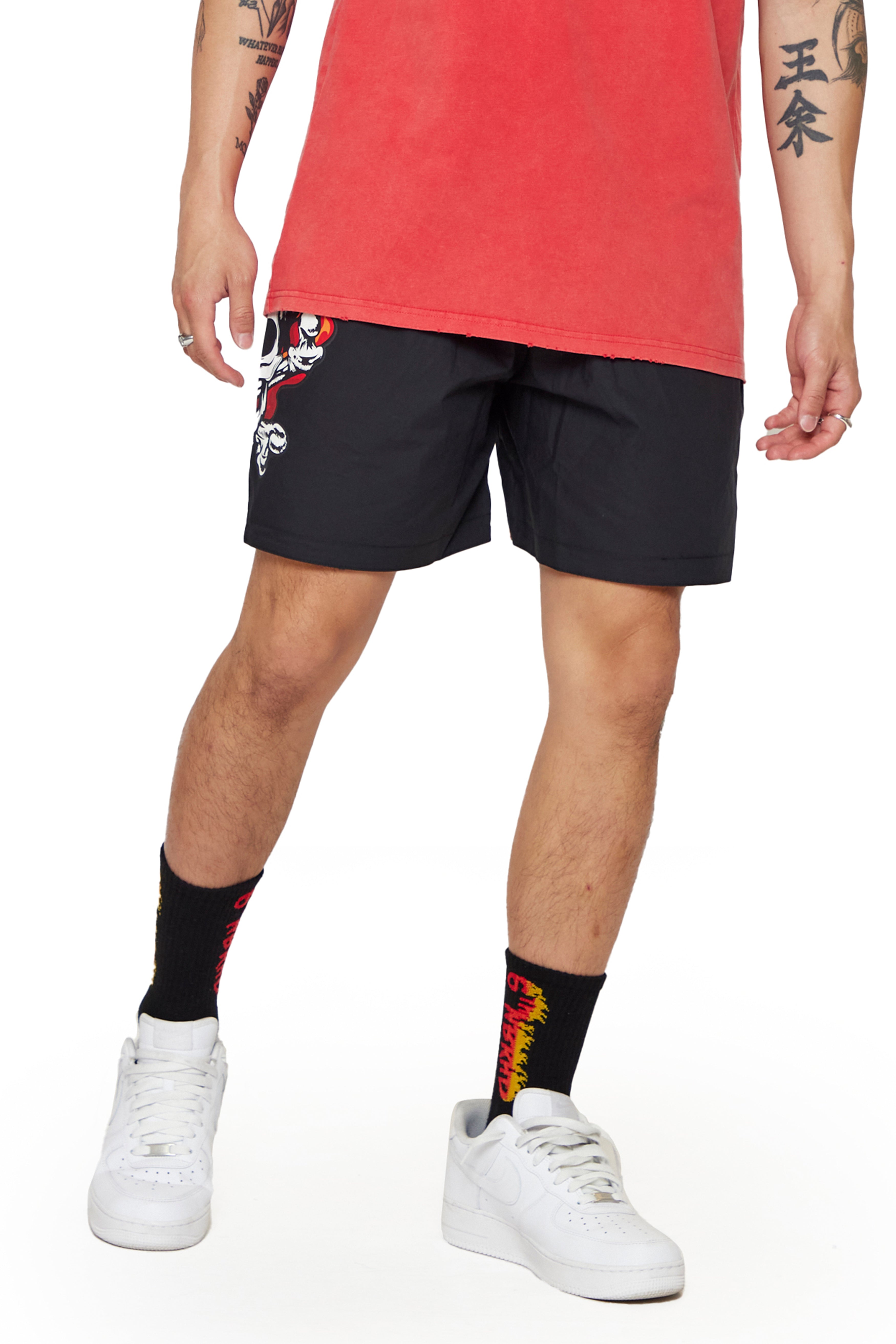"Skull Flame" Graphic Swim Shorts Black