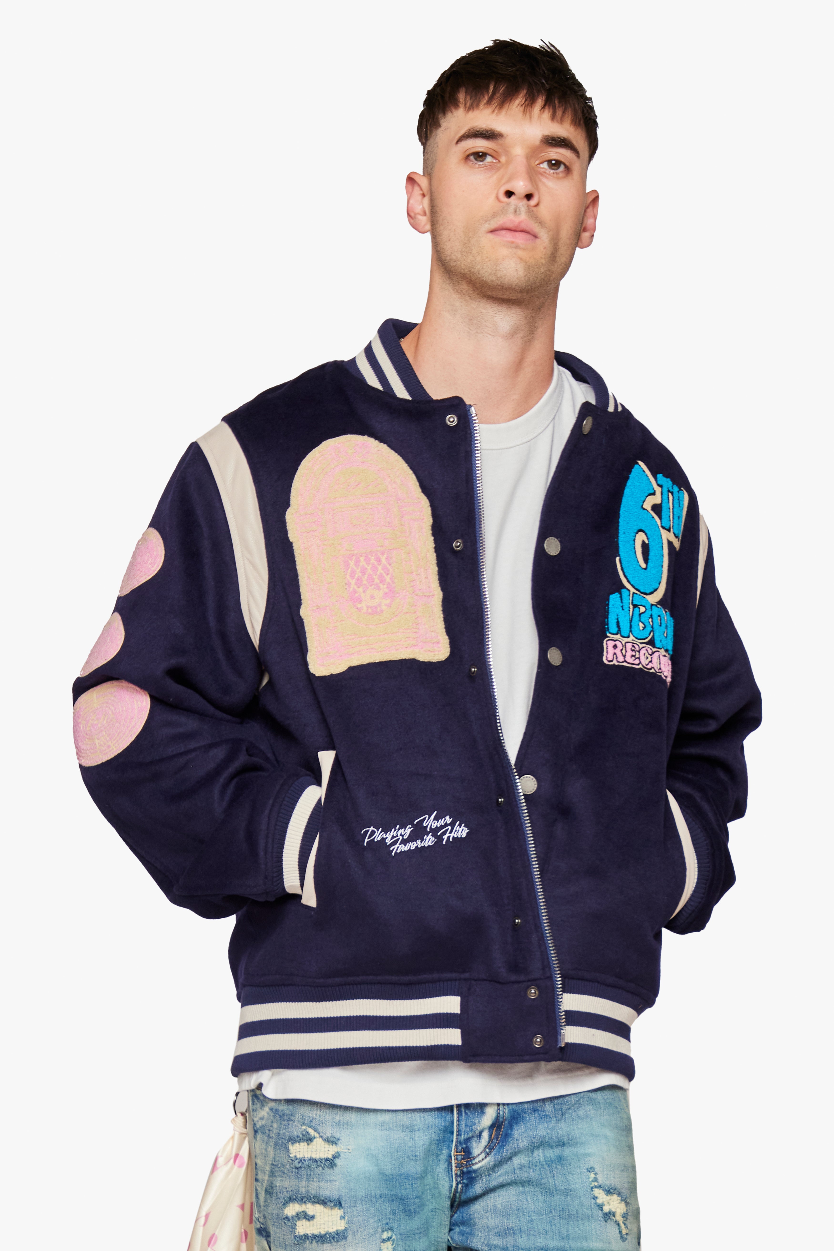 6thNBRHD VARSITY JACKET "HIT RECORDS" -NAVY