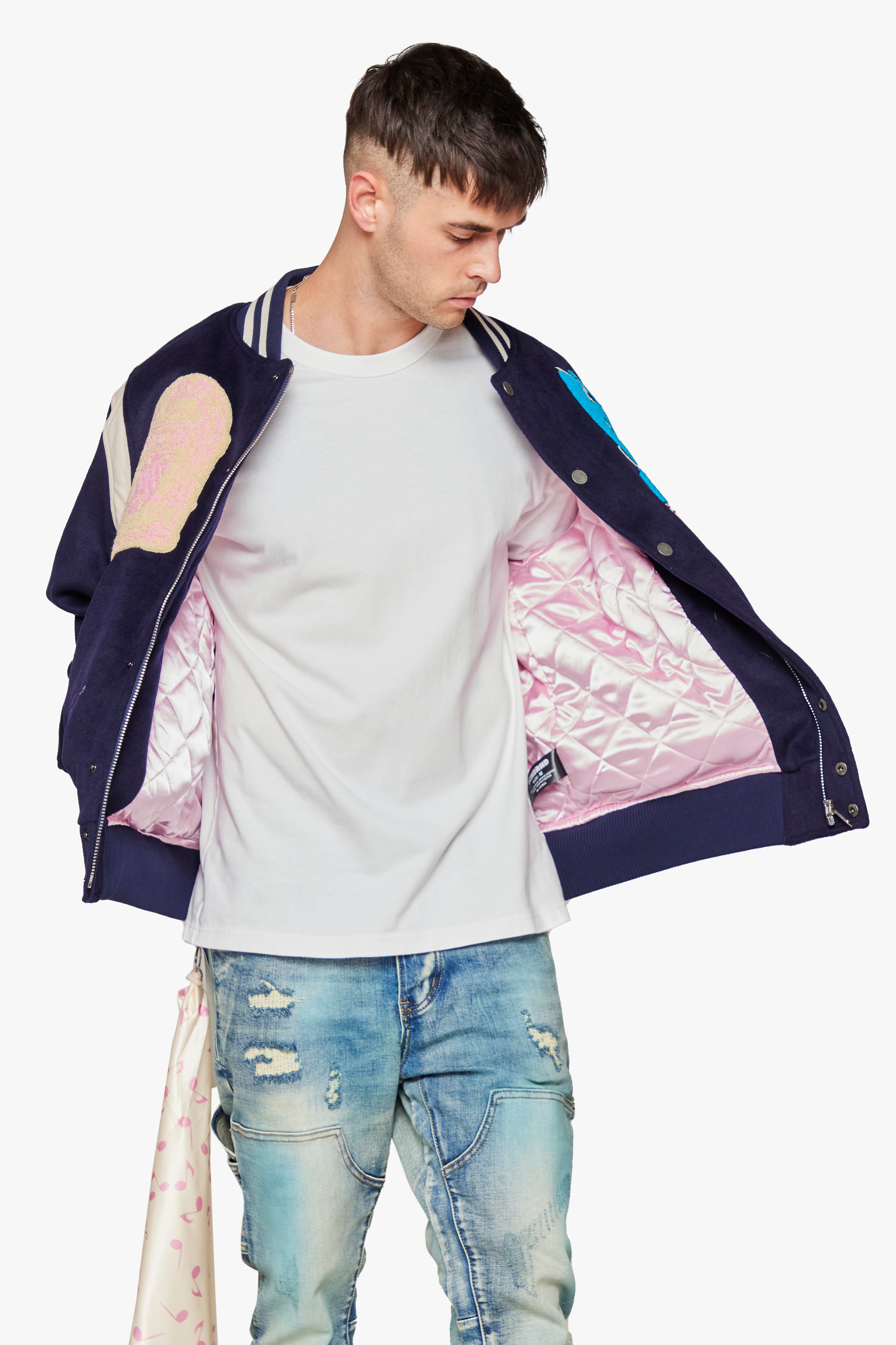 6thNBRHD VARSITY JACKET "HIT RECORDS" -NAVY