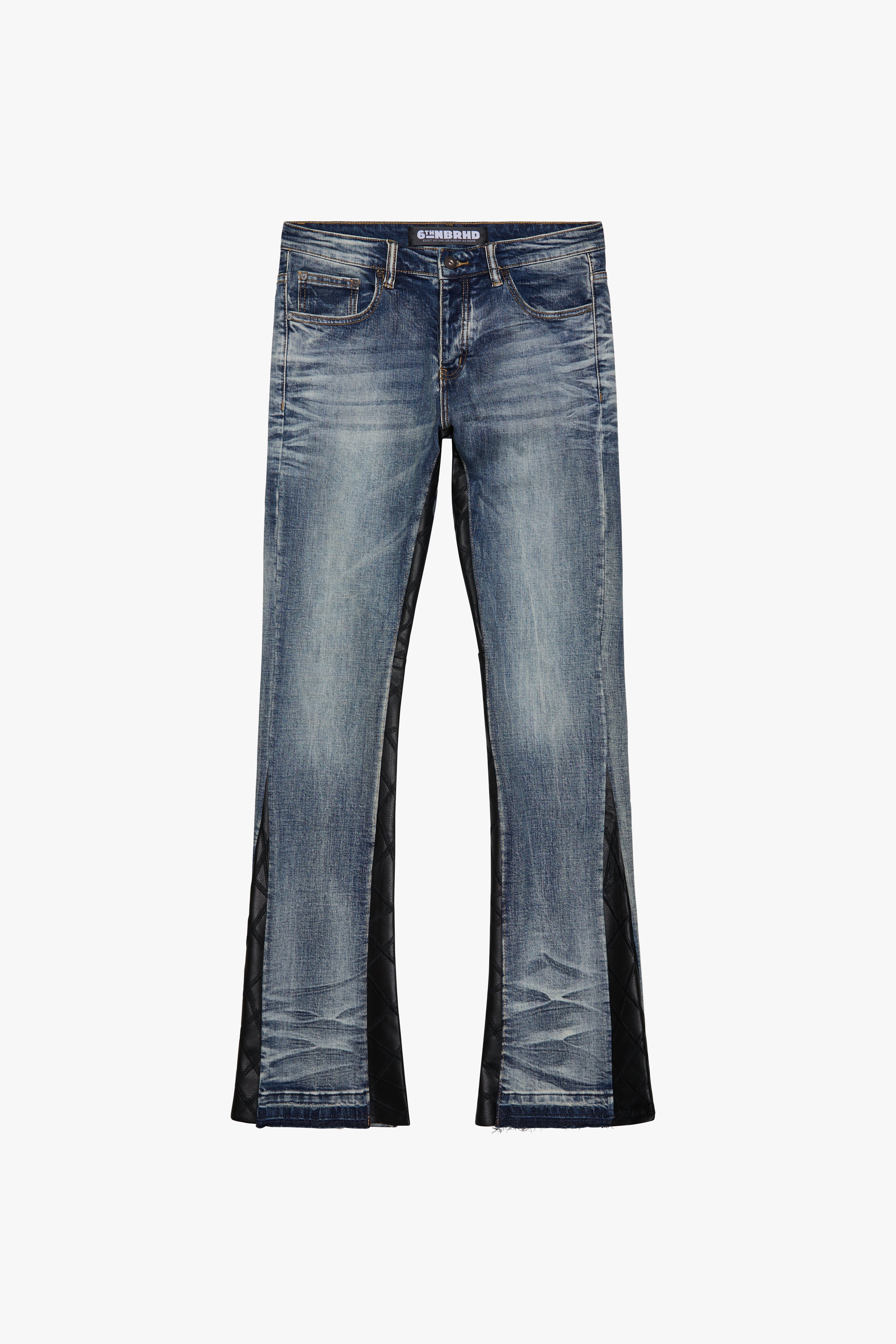 6thNBRHD LEATHER DENIM STACKED "IRON" -BLUE WASH/BLACK