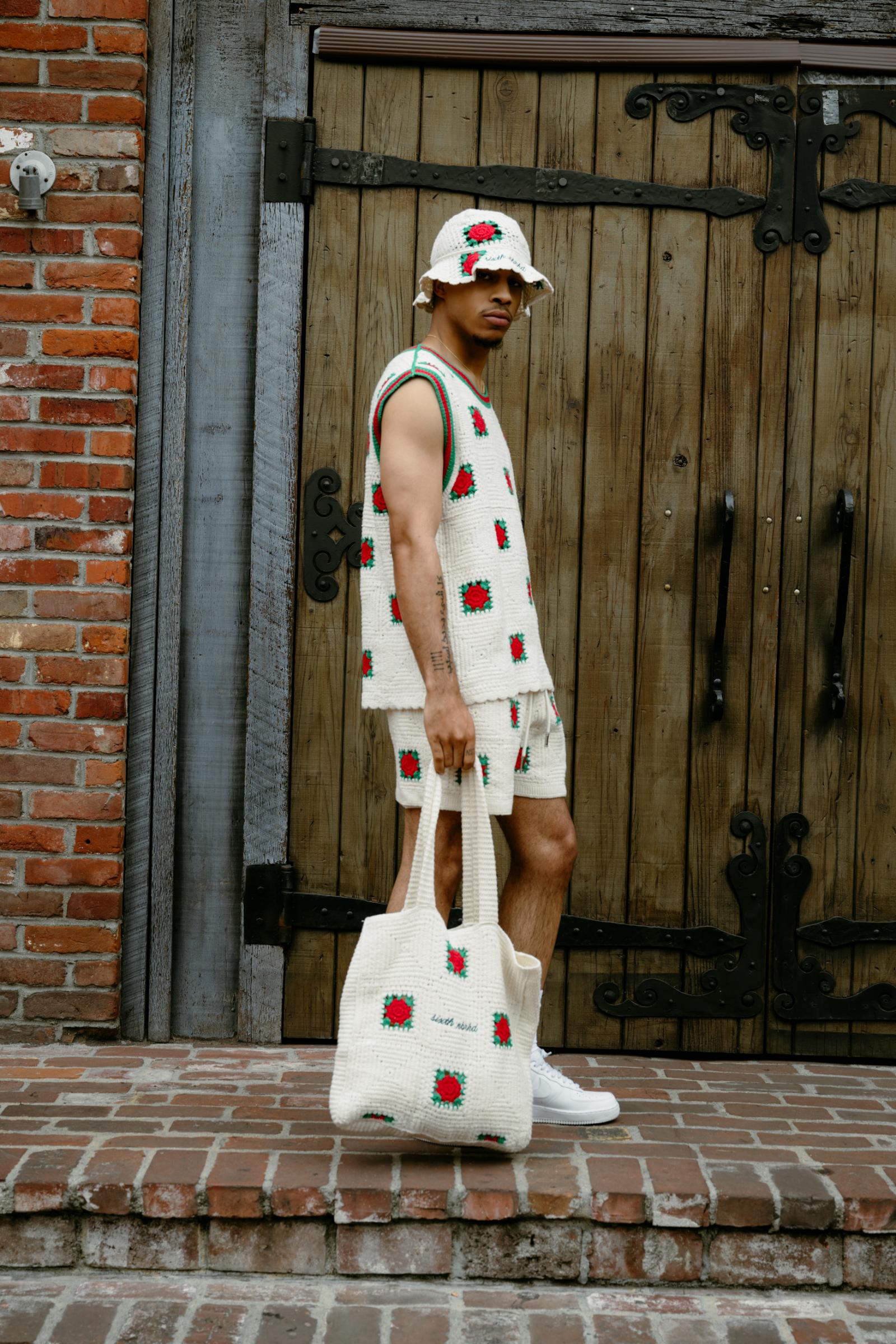 "Handmade" Knit Shorts With Rose Motif