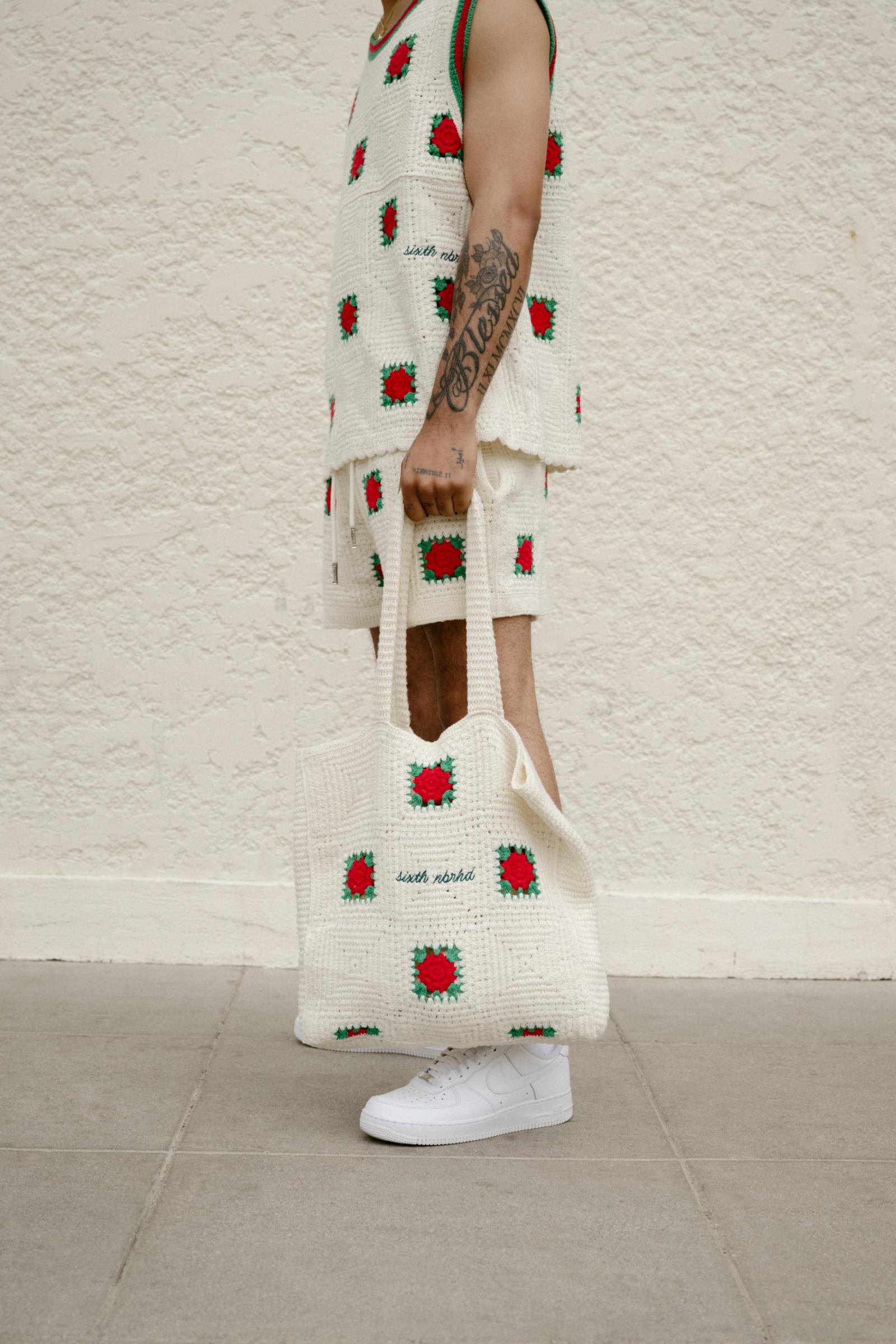 "Handmade" Knit Shorts With Rose Motif