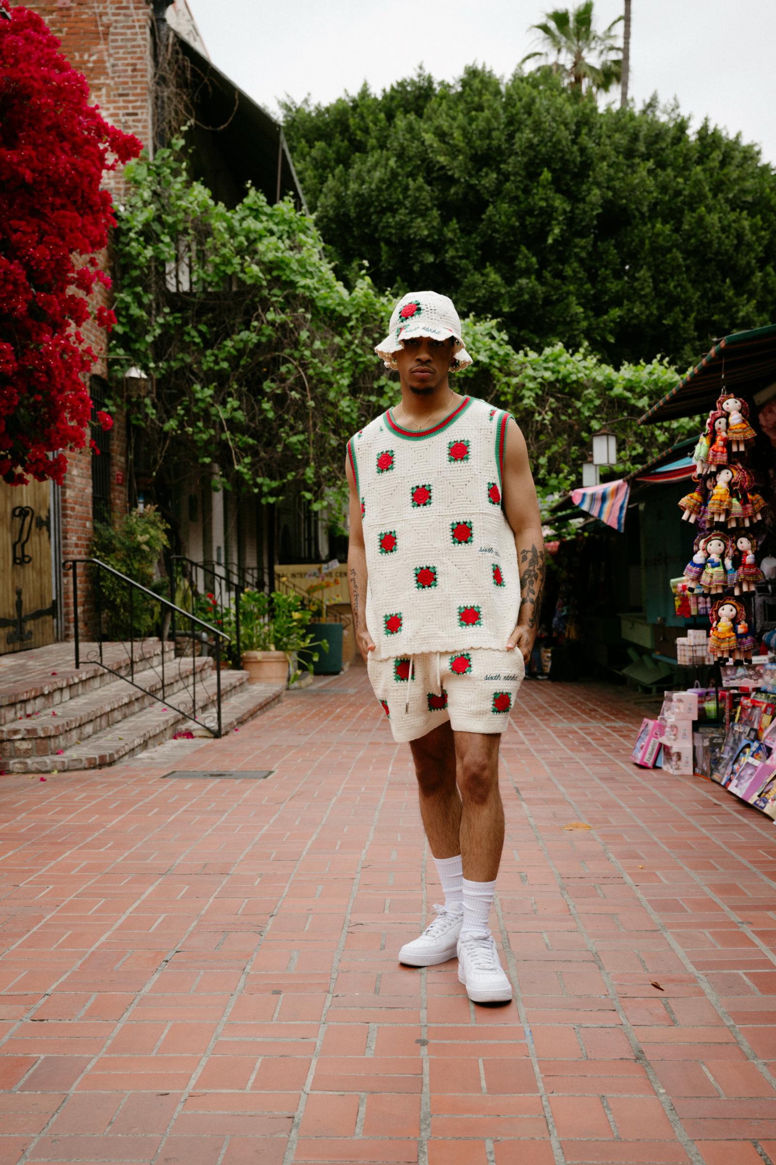 "Handmade" Knit Shorts With Rose Motif