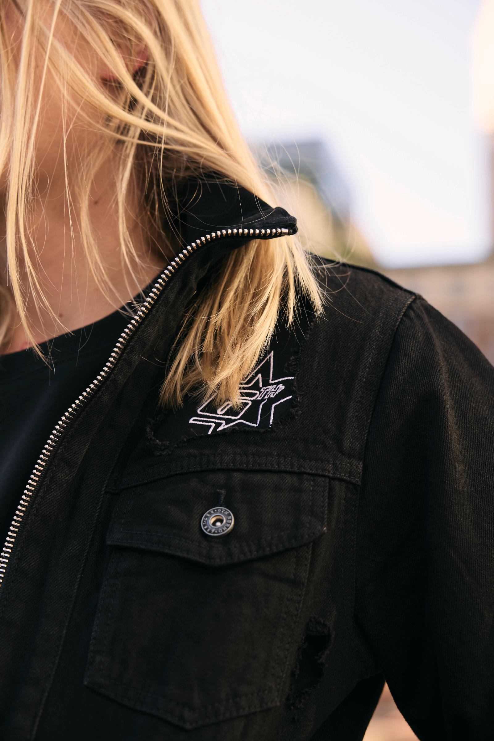"Stripes" Distressed Denim Jacket Black