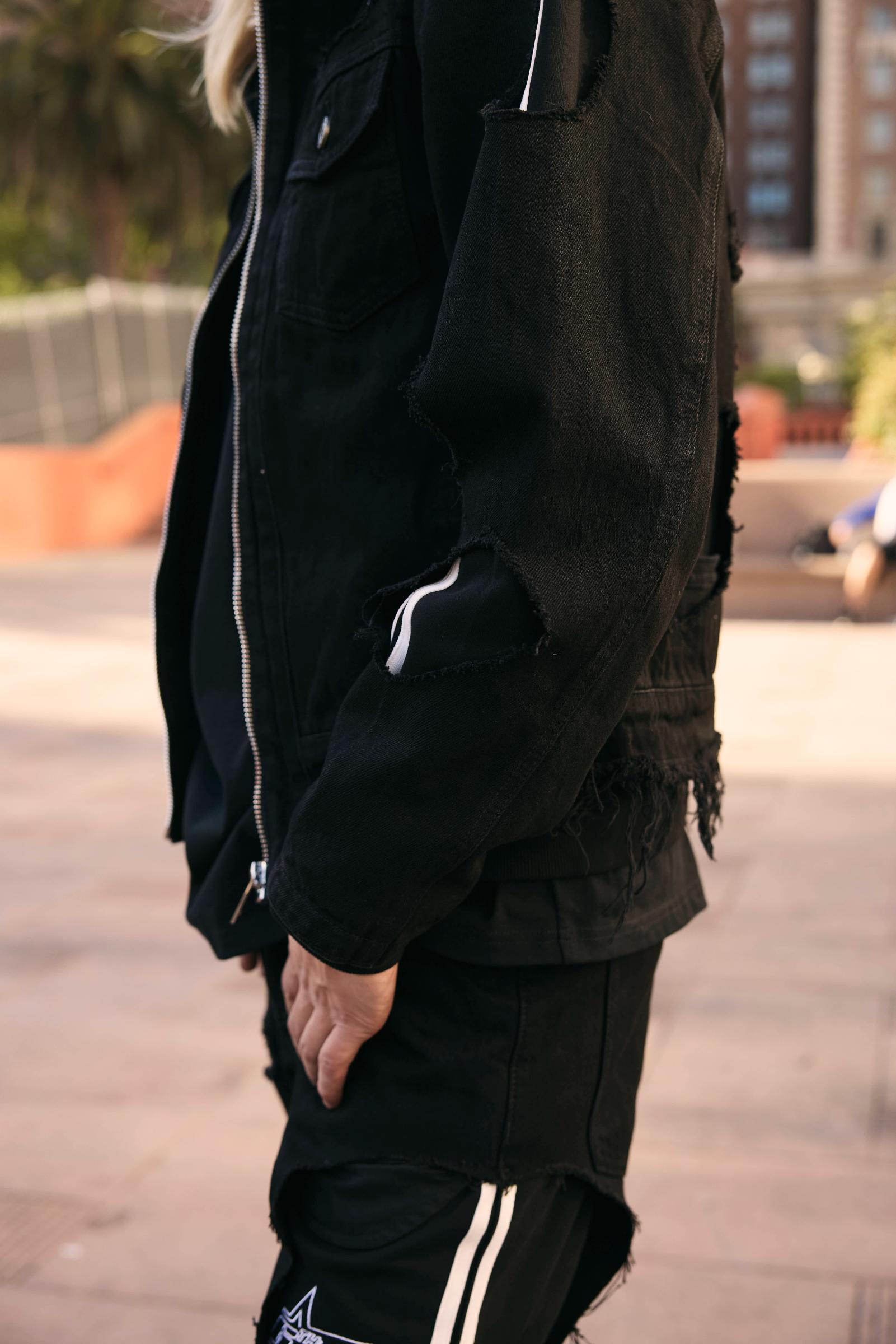 "Stripes" Distressed Denim Jacket Black