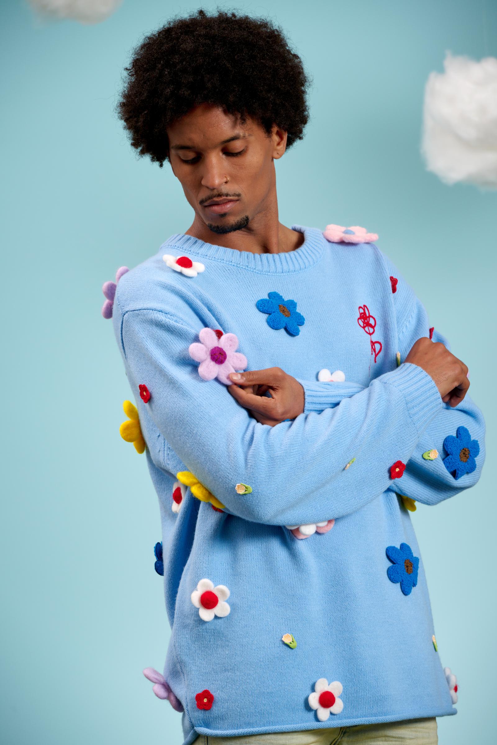 "Bouquet" Sweater with Flower Appliqués Baby Blue