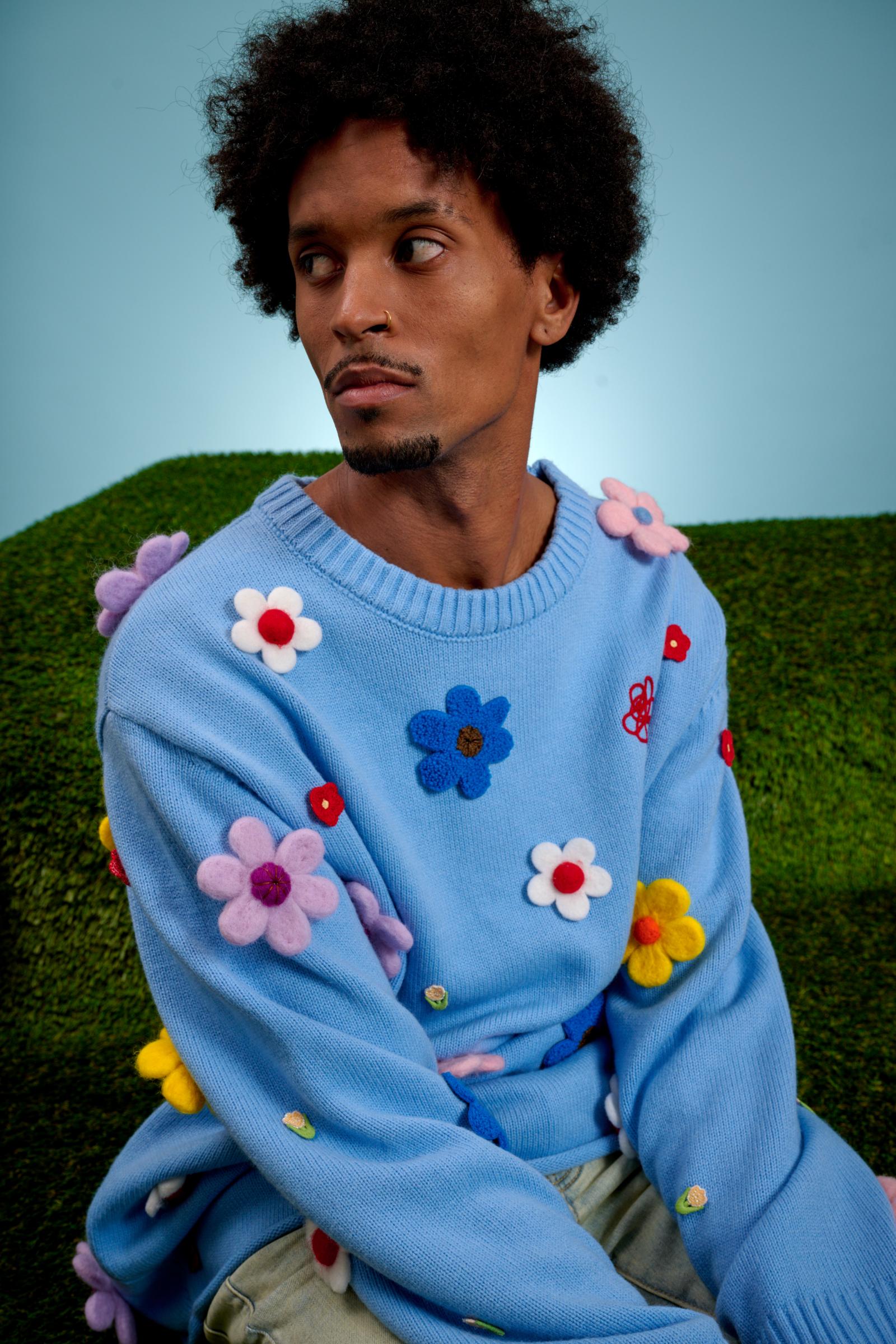 "Bouquet" Sweater with Flower Appliqués Baby Blue
