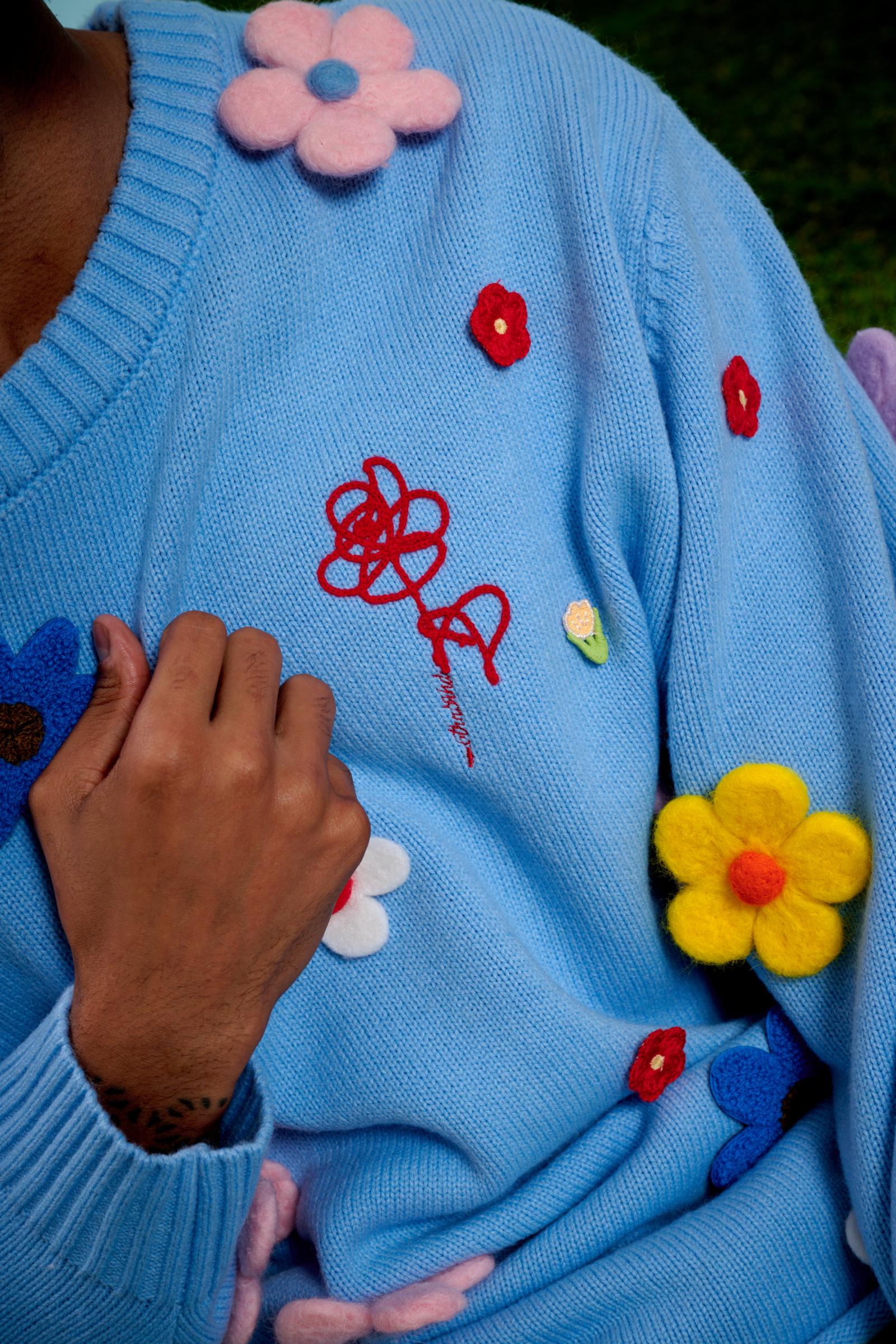 "Bouquet" Sweater with Flower Appliqués Baby Blue