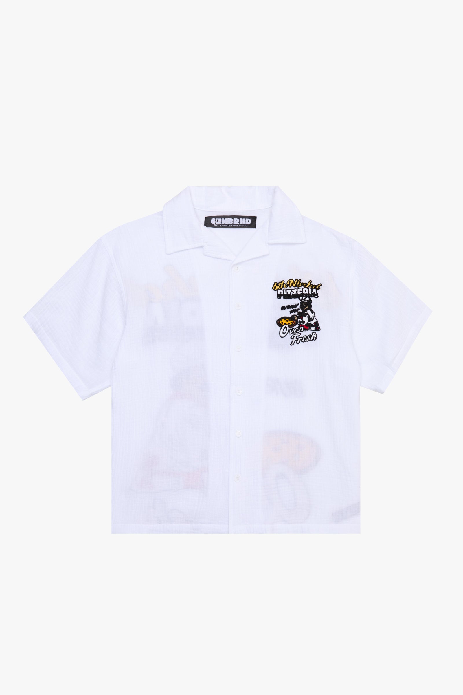 "Pizzeria" Graphic Button Down Shirt White