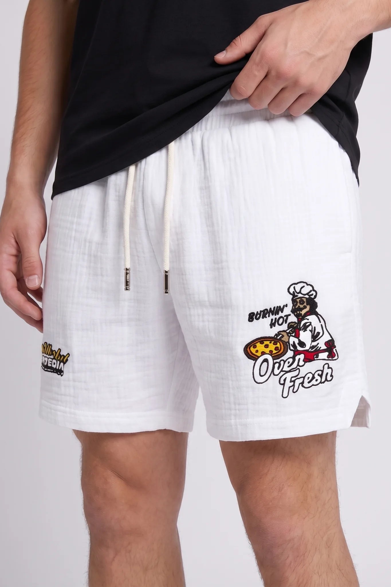 "Nbrhd Pizza" Graphic Shorts White