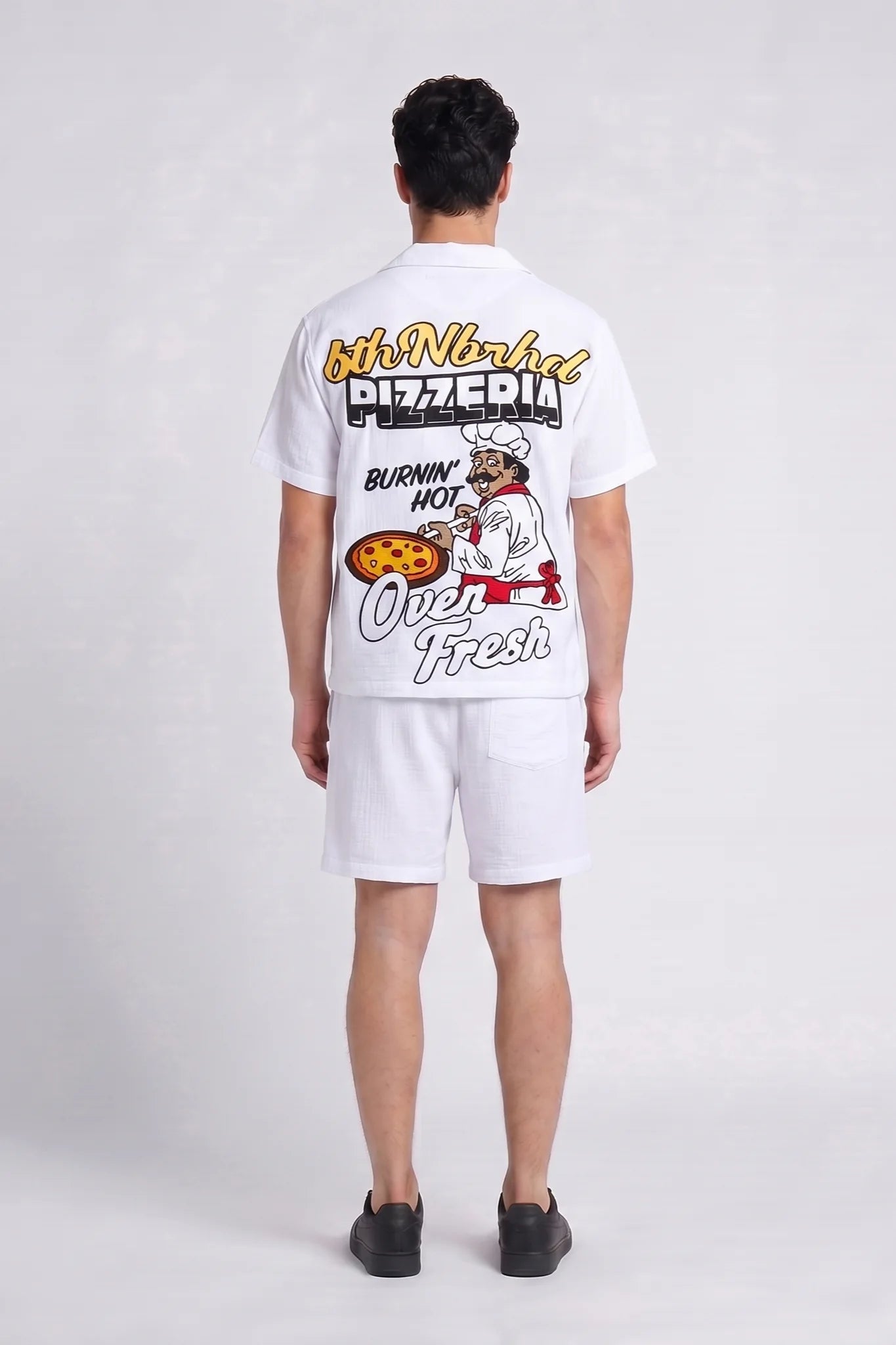 "Pizzeria" Graphic Button Down Shirt White