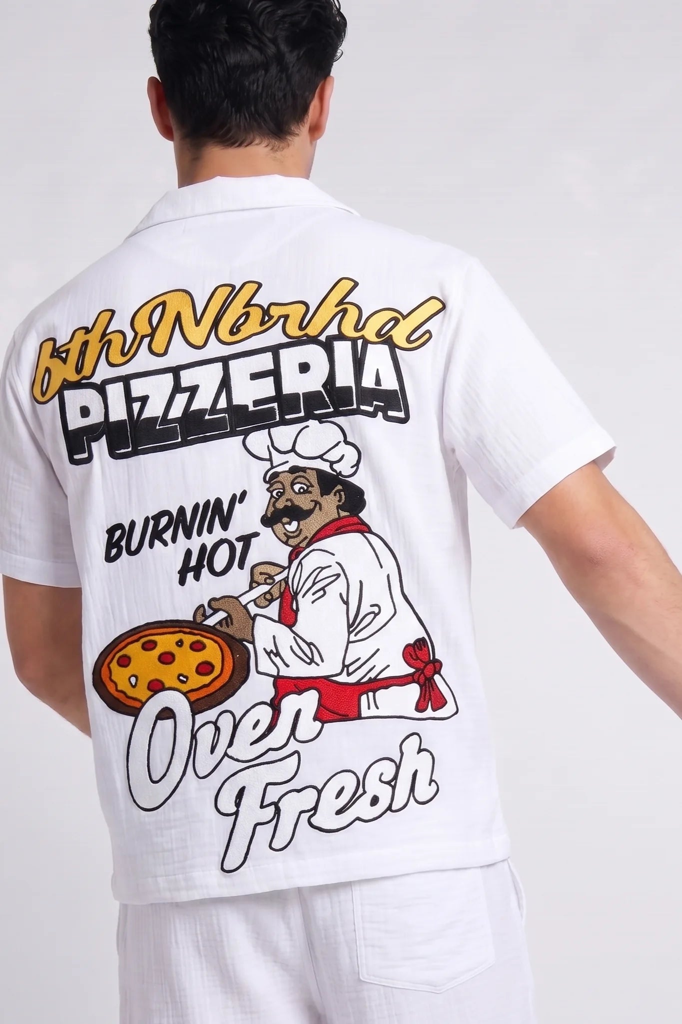 "Pizzeria" Graphic Button Down Shirt White