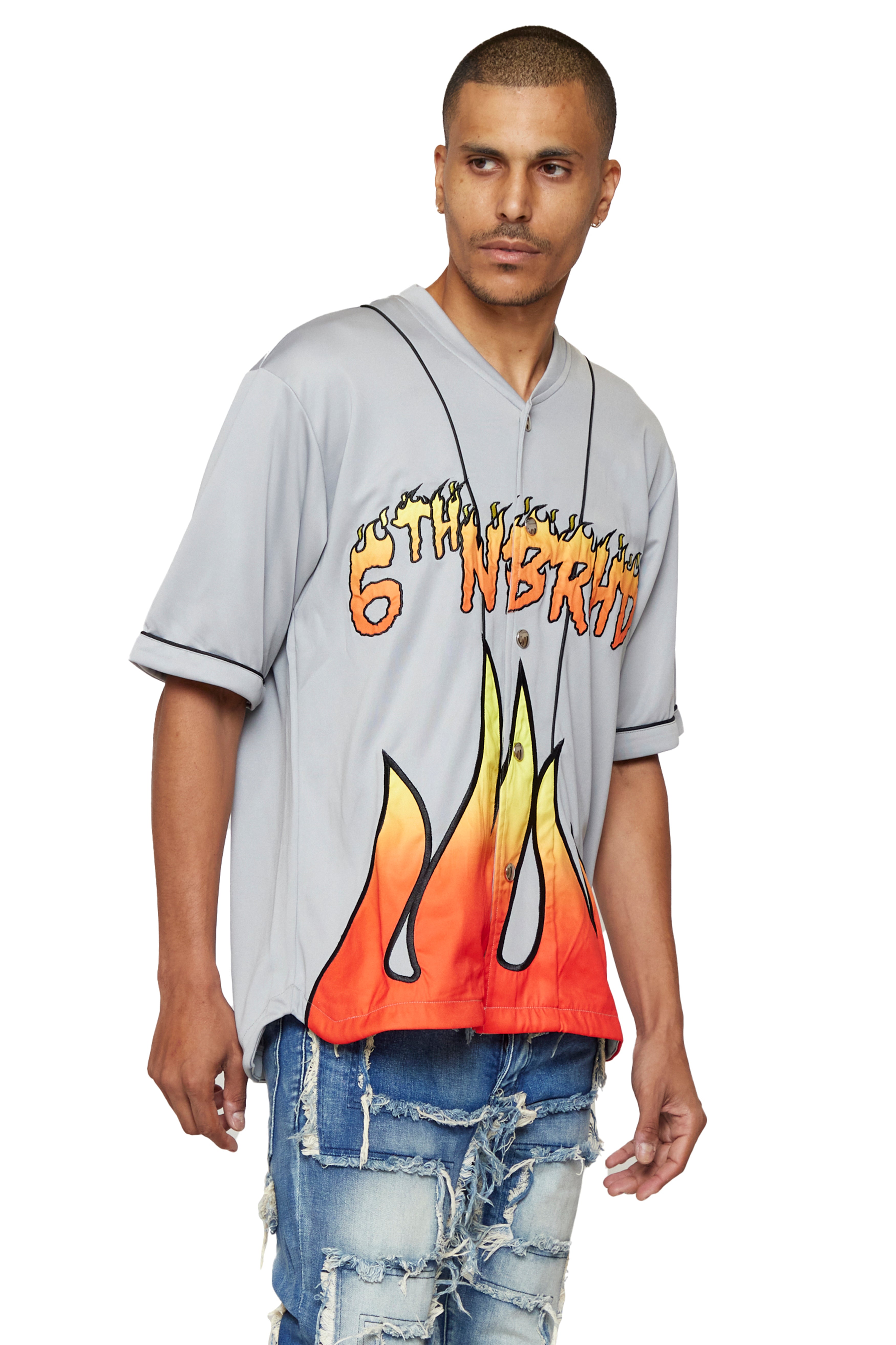 6thNBRHD BUTTON DOWN "FLAMES" -GREY