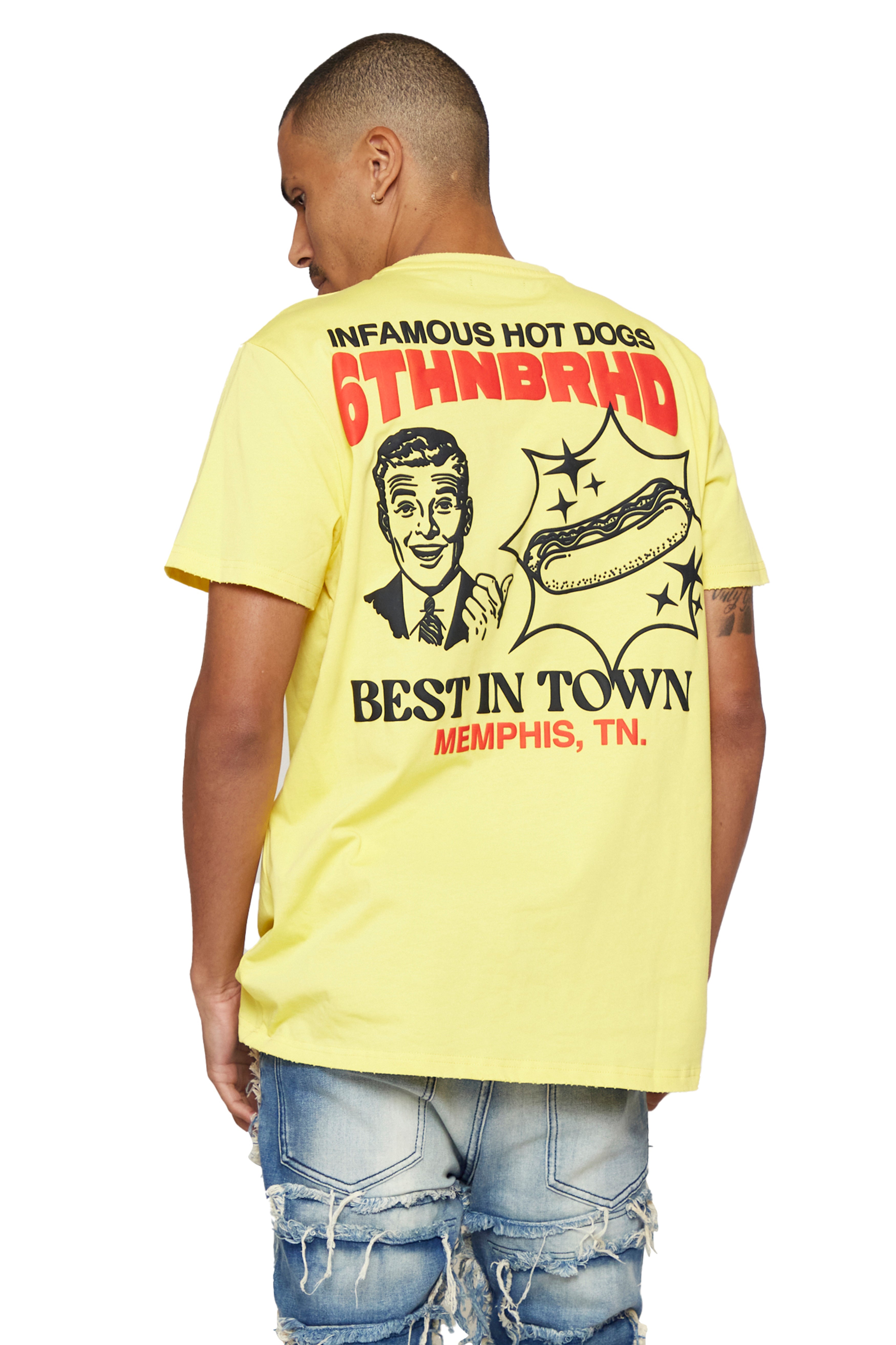 6thNBRHD TEE "INFAMOUS HOT DOGS"- VINTAGE YELLOW