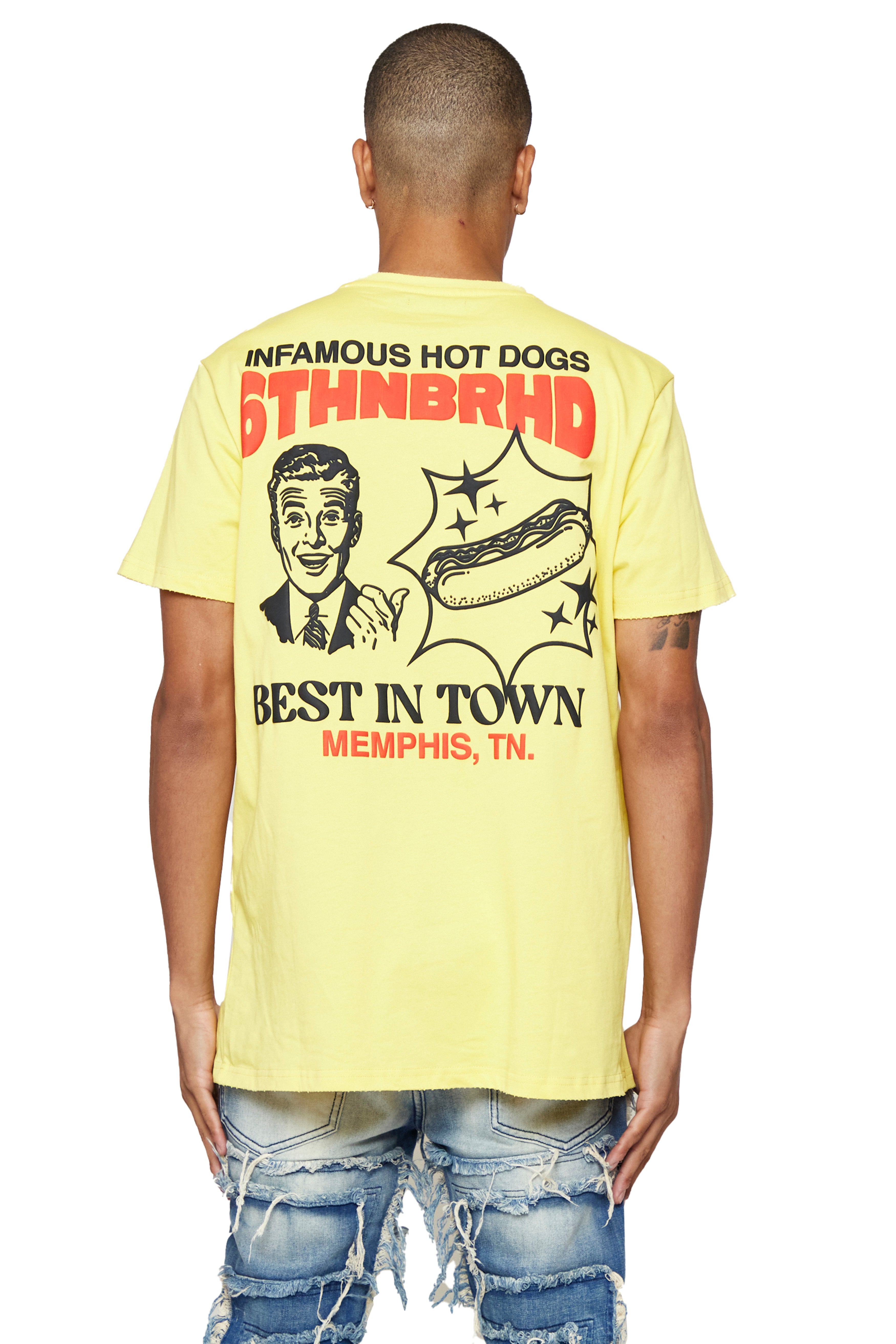 6thNBRHD TEE "INFAMOUS HOT DOGS"- VINTAGE YELLOW