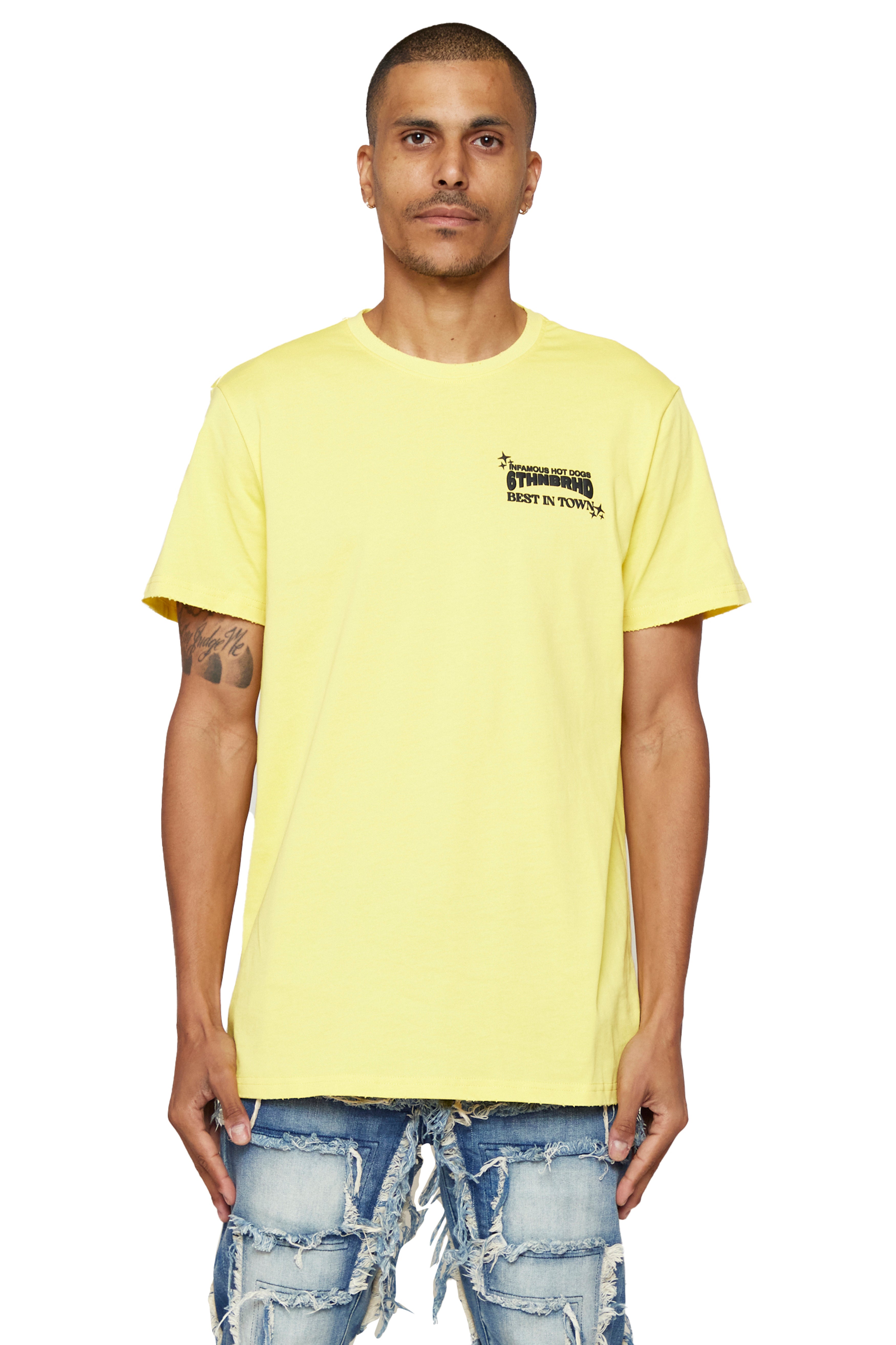 6thNBRHD TEE "INFAMOUS HOT DOGS"- VINTAGE YELLOW