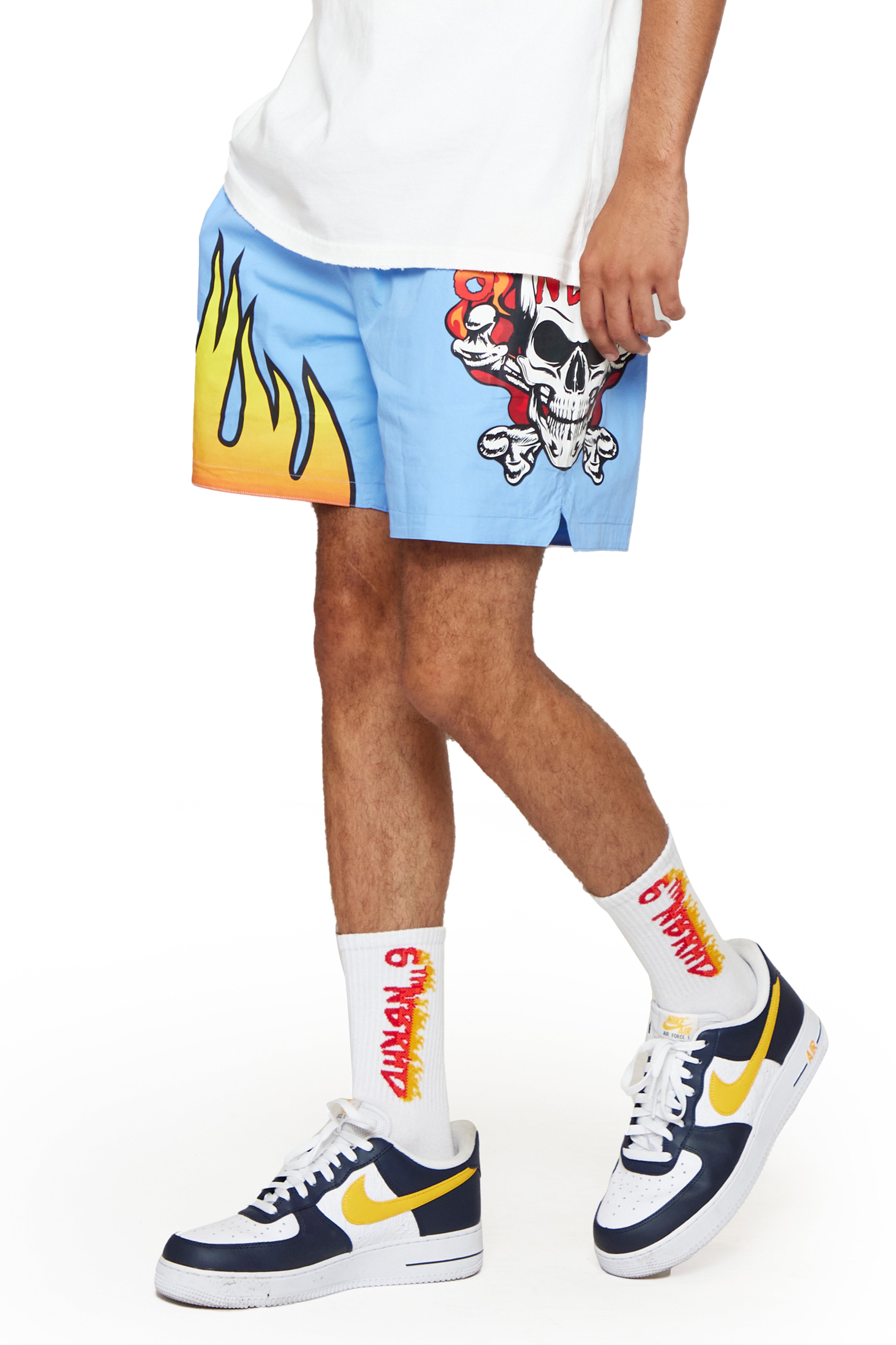 6thNBRHD SHORTS "SKULL FLAME" -SKY BLUE