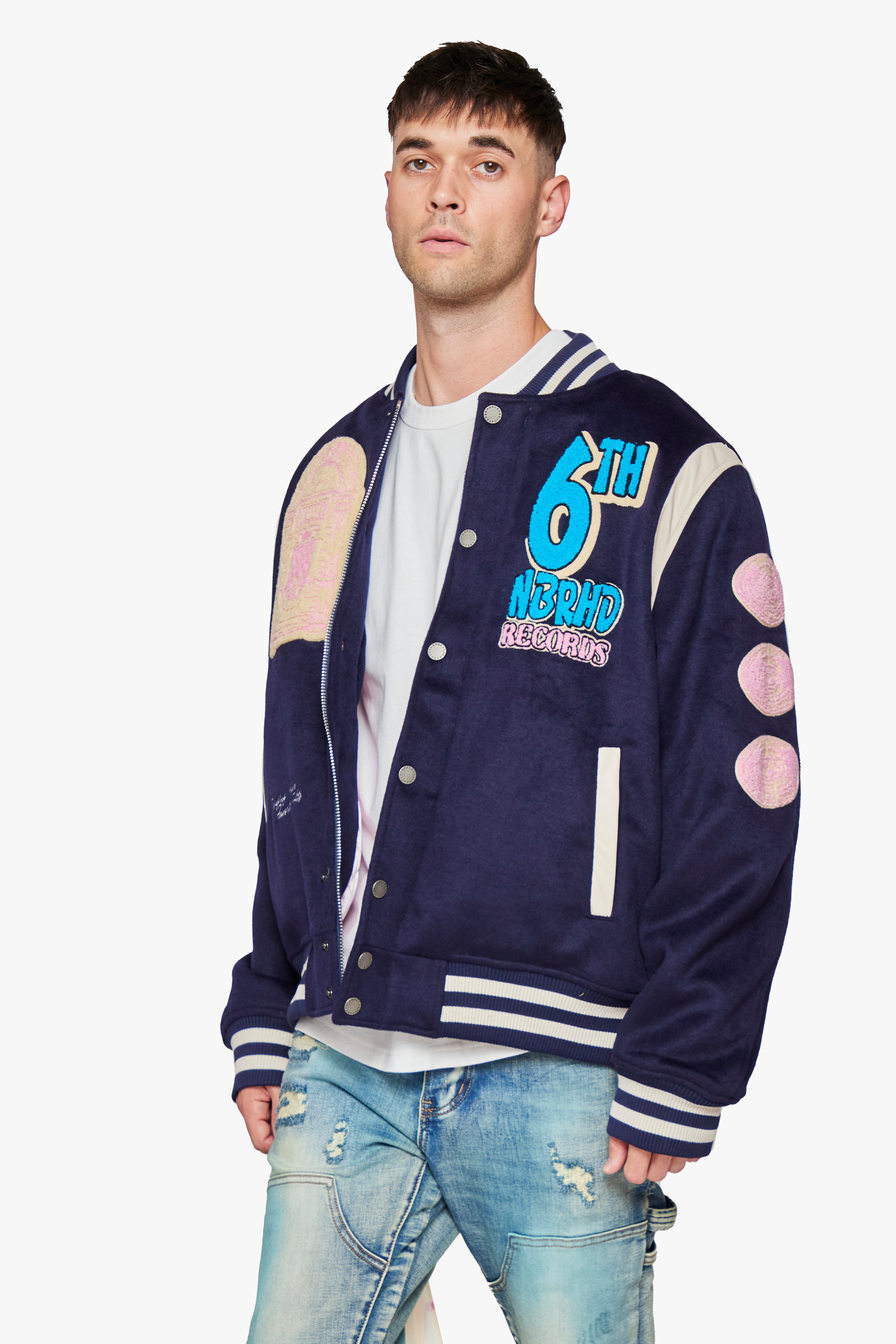 6thNBRHD VARSITY JACKET "HIT RECORDS" -NAVY