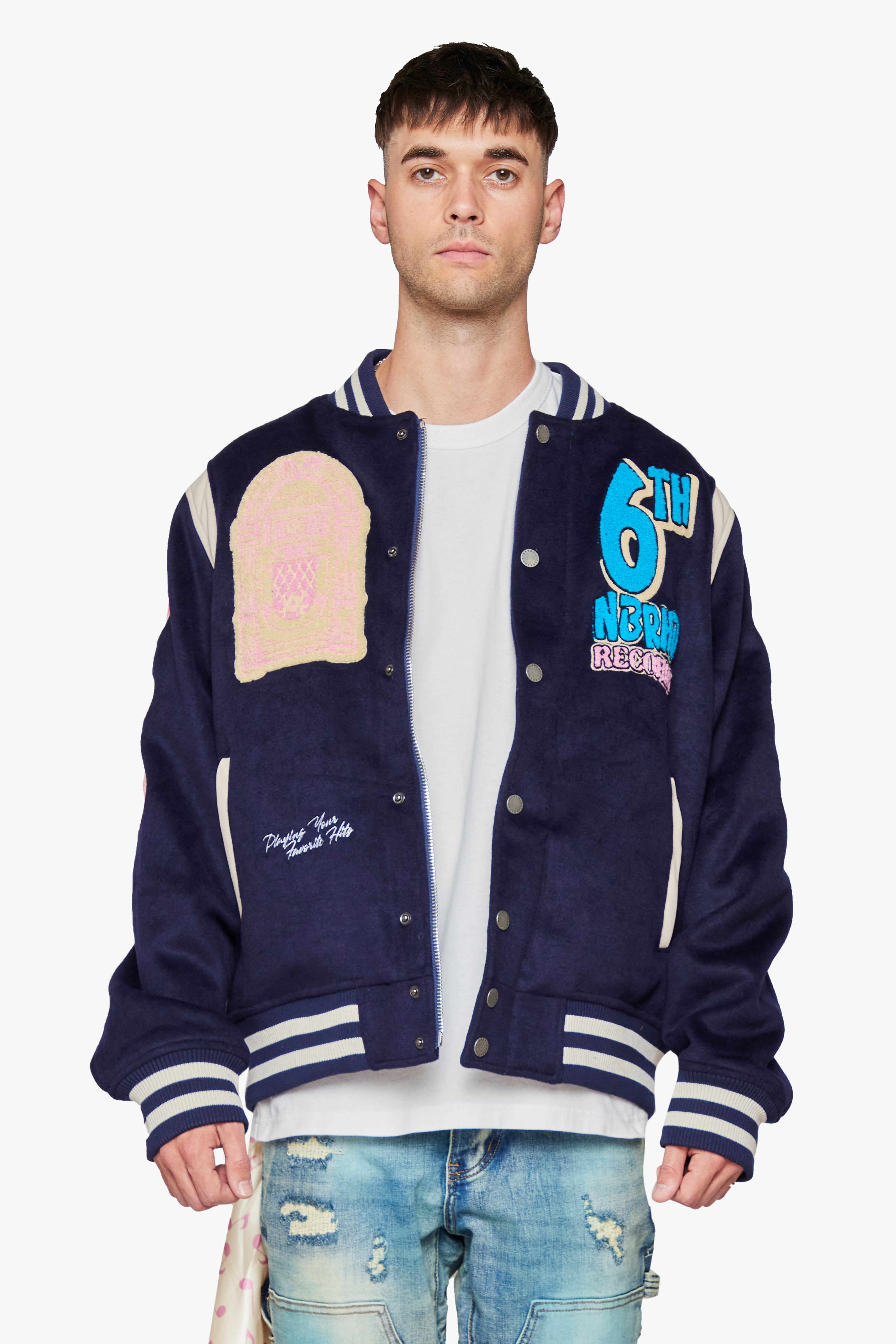 6thNBRHD VARSITY JACKET "HIT RECORDS" -NAVY