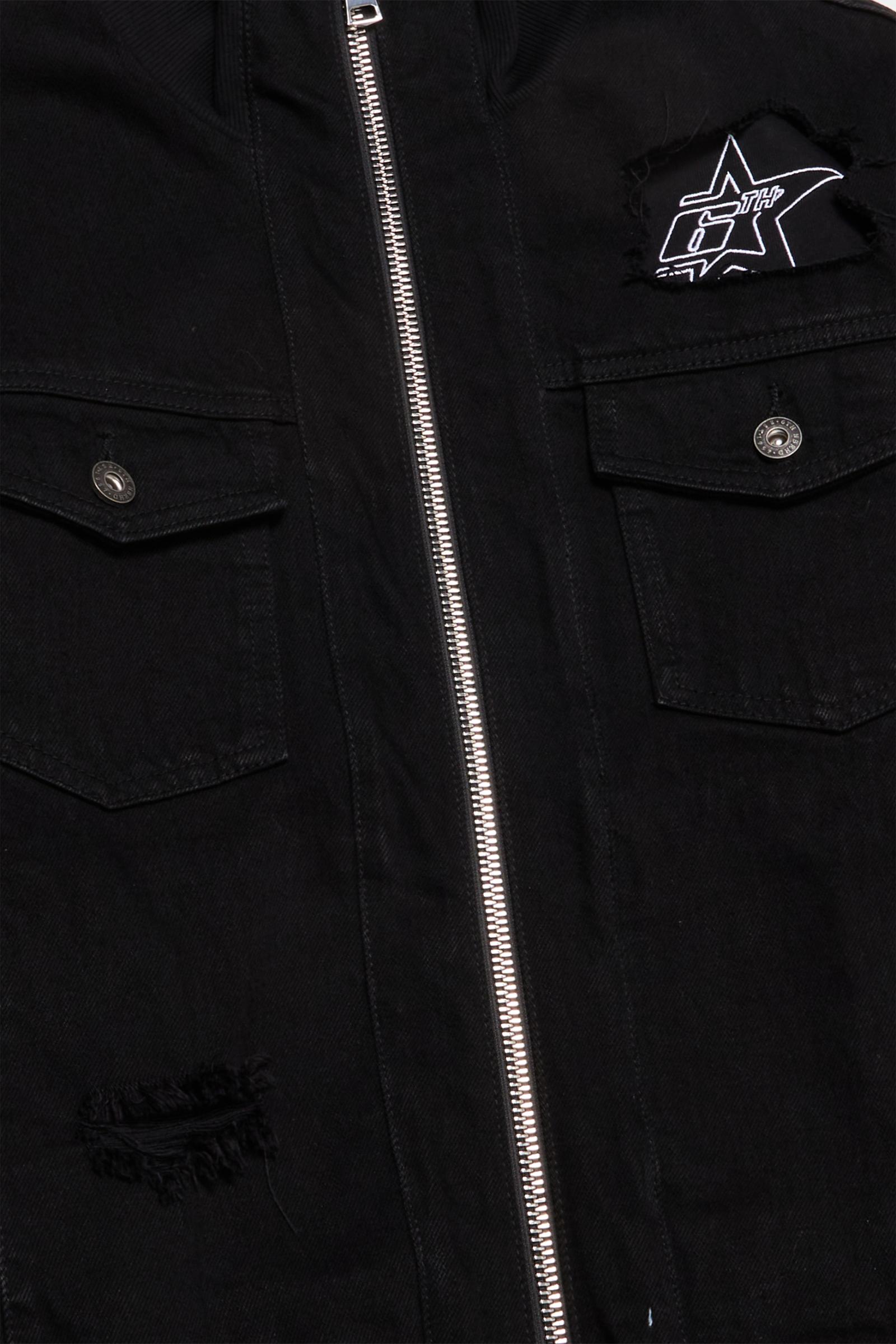 "Stripes" Distressed Denim Jacket Black