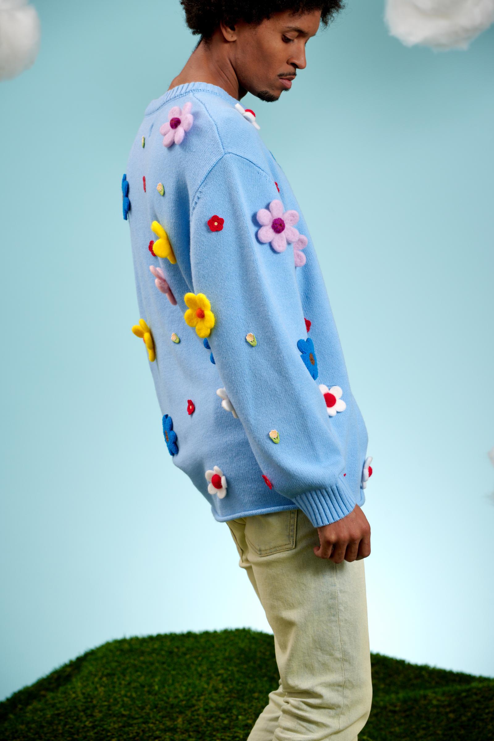 "Bouquet" Sweater with Flower Appliqués Baby Blue