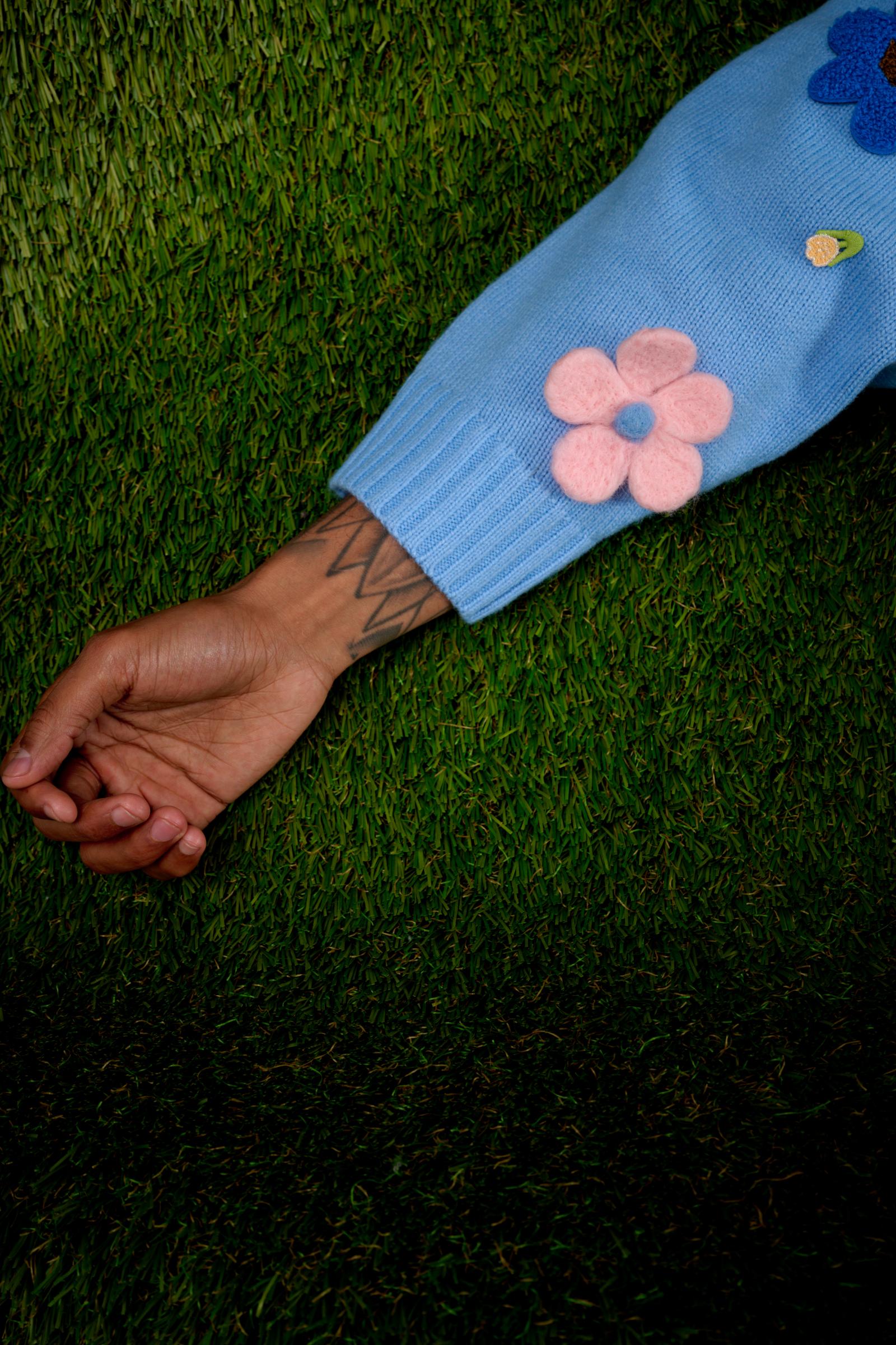 "Bouquet" Sweater with Flower Appliqués Baby Blue