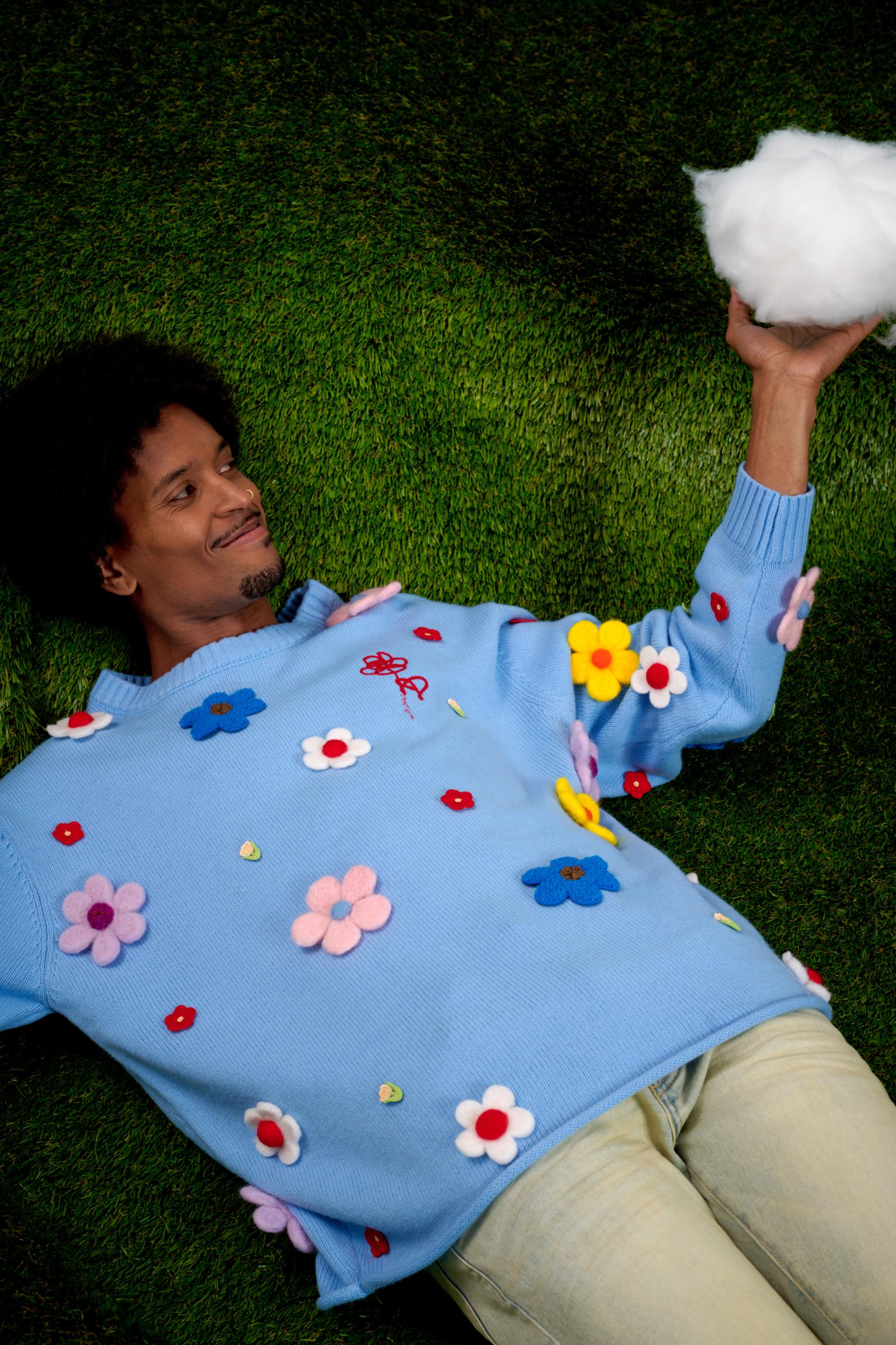 "Bouquet" Sweater with Flower Appliqués Baby Blue