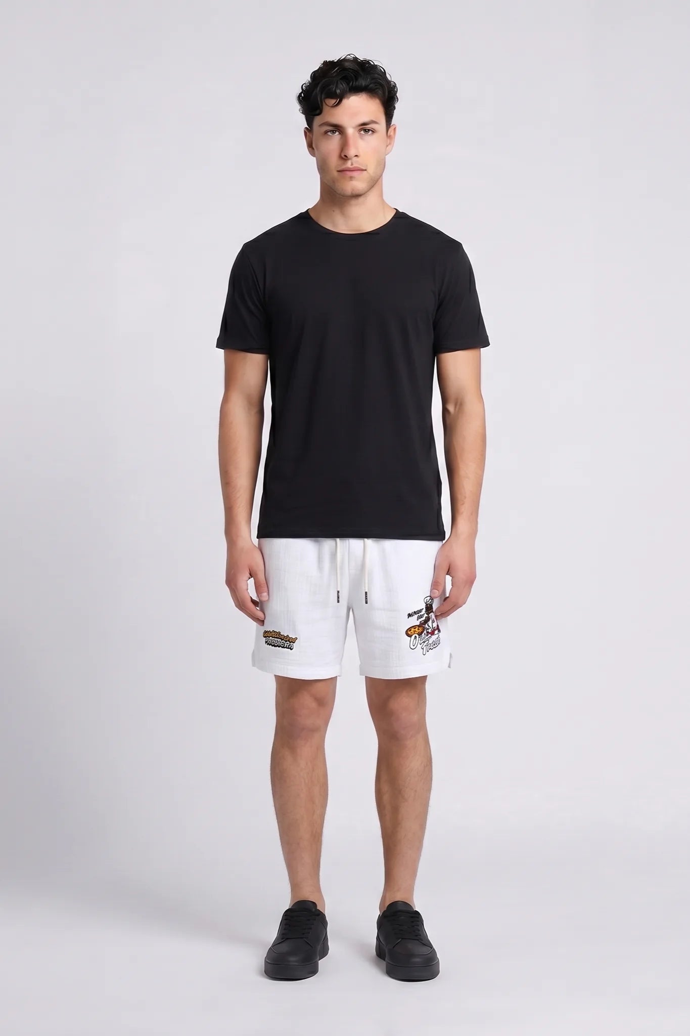 "Nbrhd Pizza" Graphic Shorts White