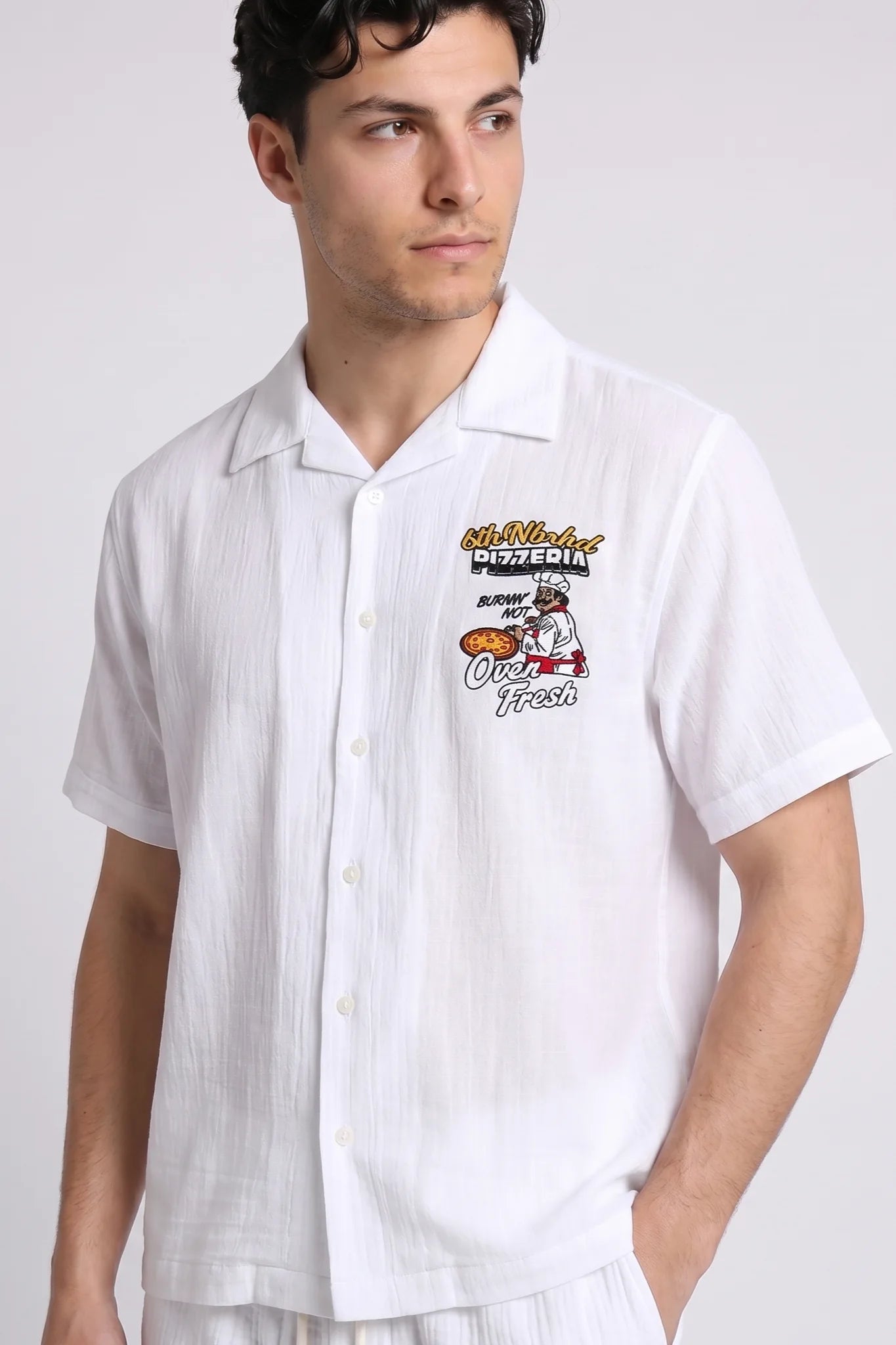 "Pizzeria" Graphic Button Down Shirt White