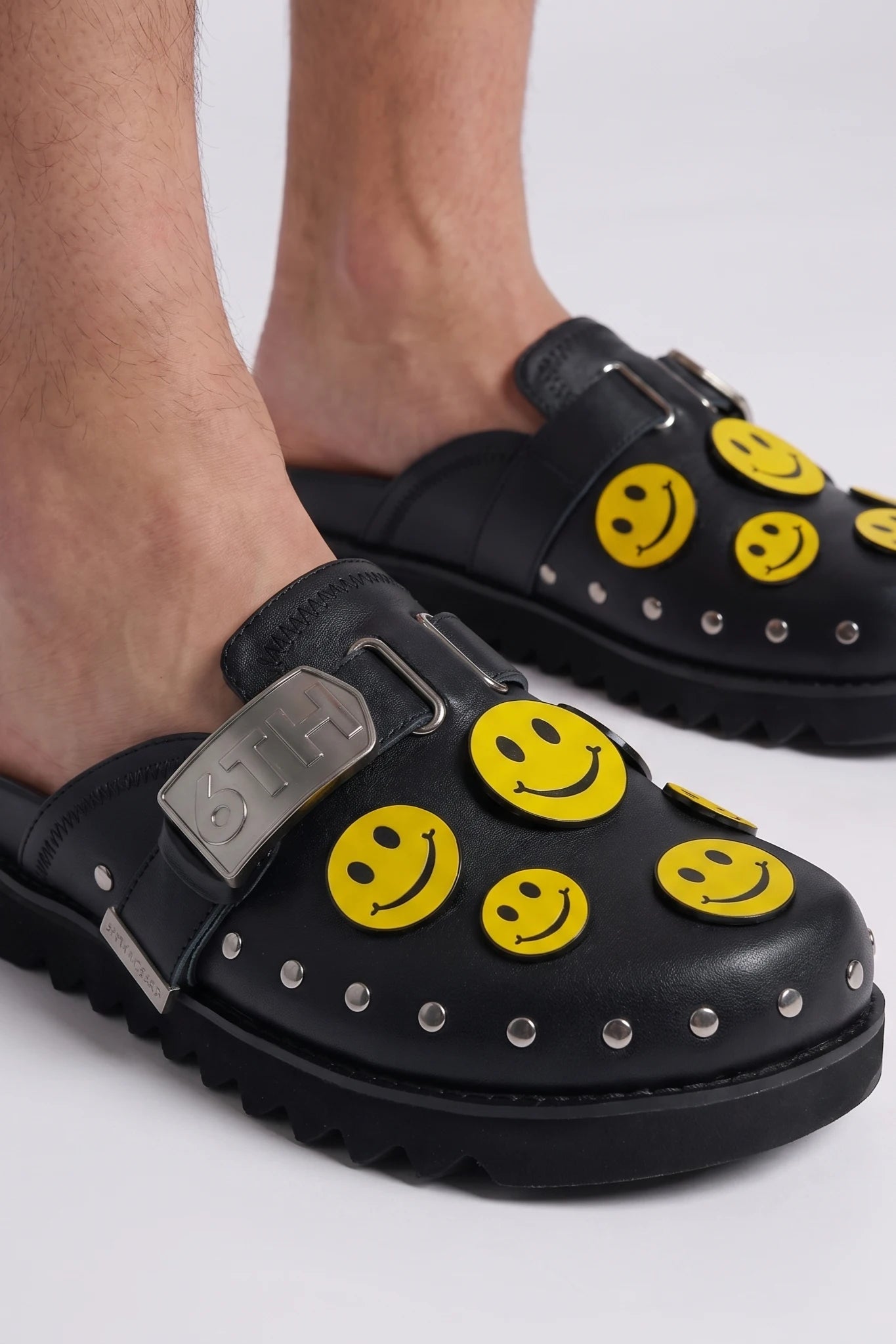 "Skip" Leather Mule Slides Black